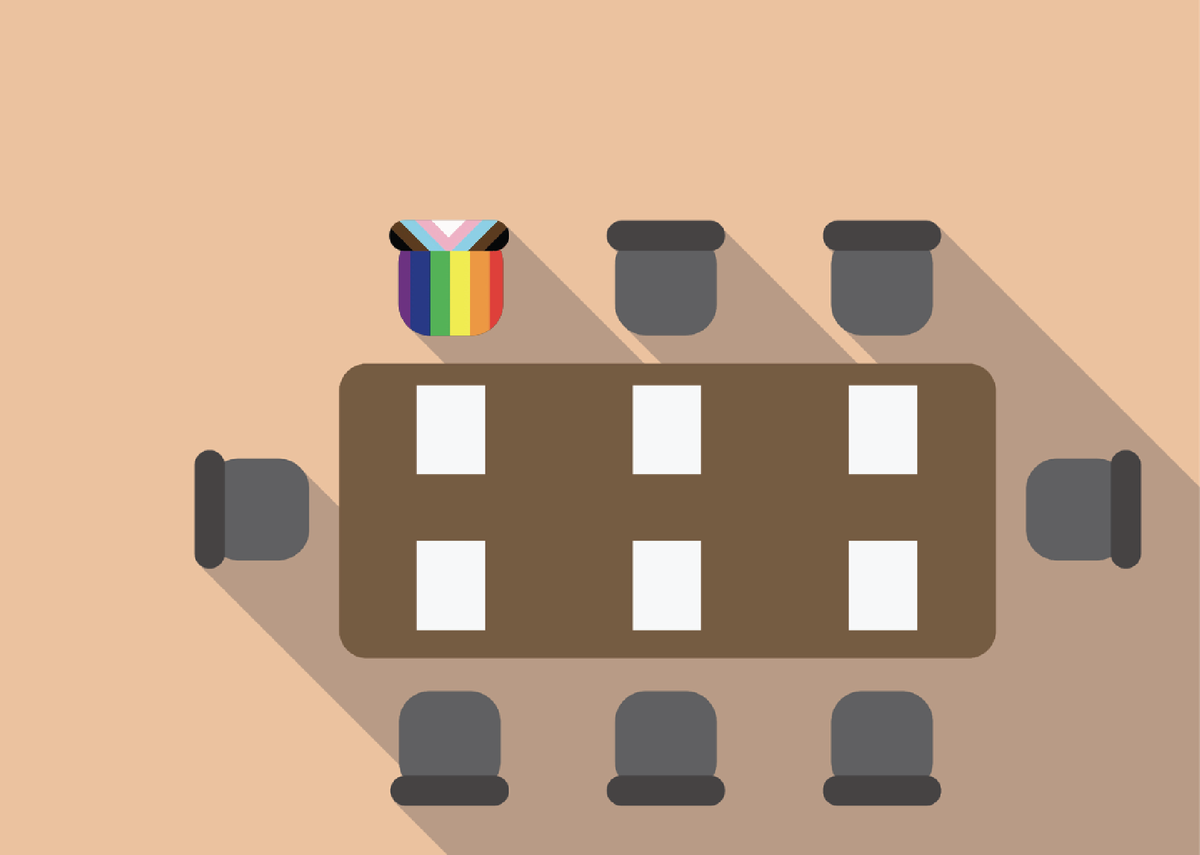 Illustration of a boardroom table seen from above, with one seat draped in the Progress Pride flag