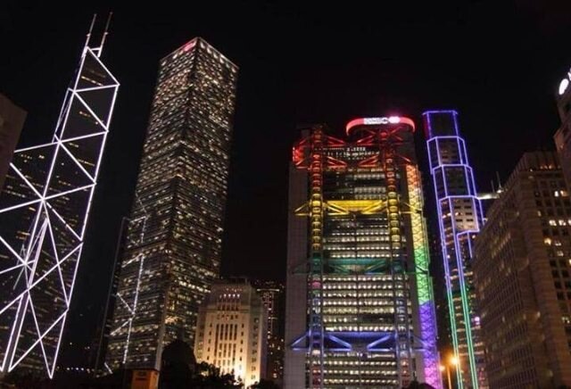 HSBC's Hong Kong headquarters lit in rainbow colors at night