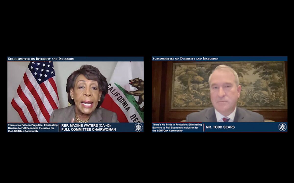 Rep. Maxine Waters and Todd Sears on screen during a congressional Subcommittee on Diversity and Inclusion hearing