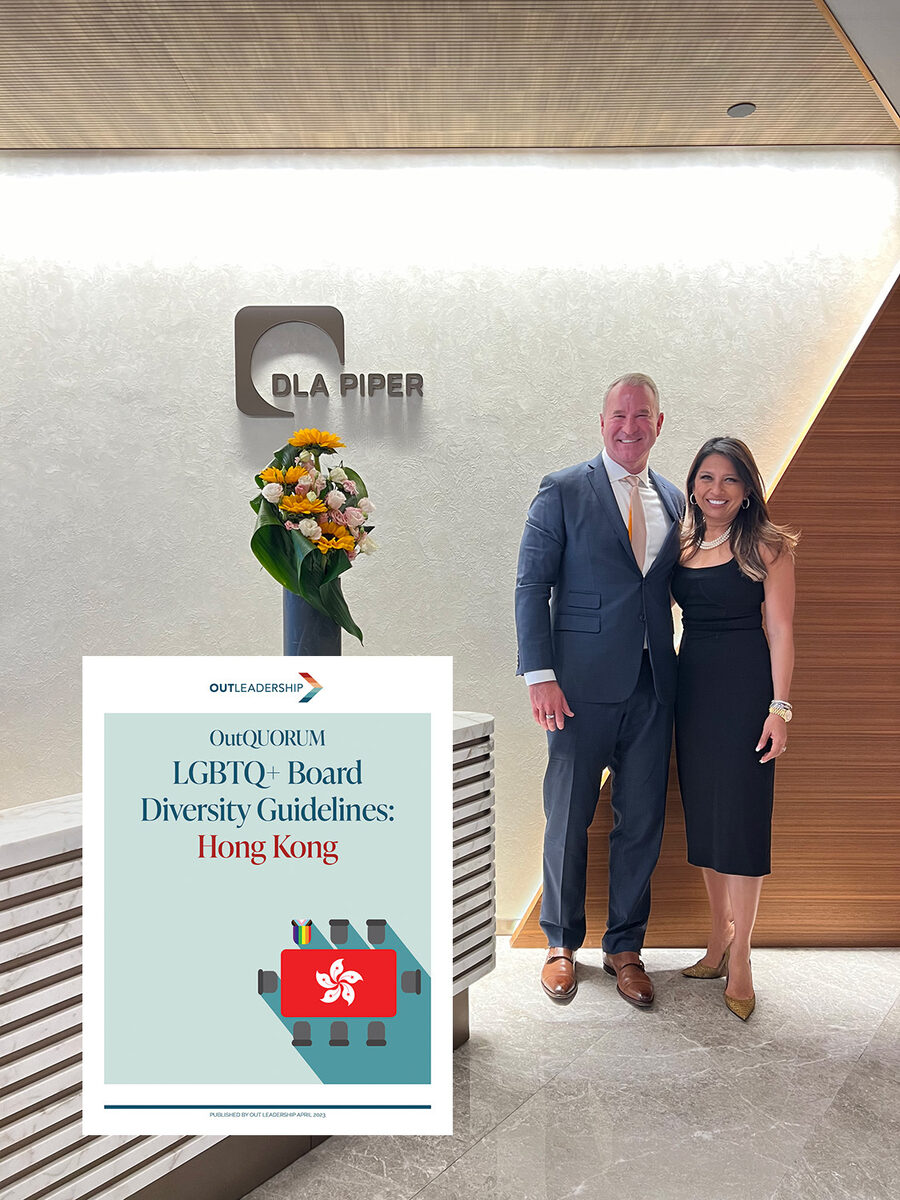 Todd Sears and Susheela Rivers at DLA Piper Hong Kong, with the cover of the Hong Kong LGBTQ+ Board Diversity Guidelines