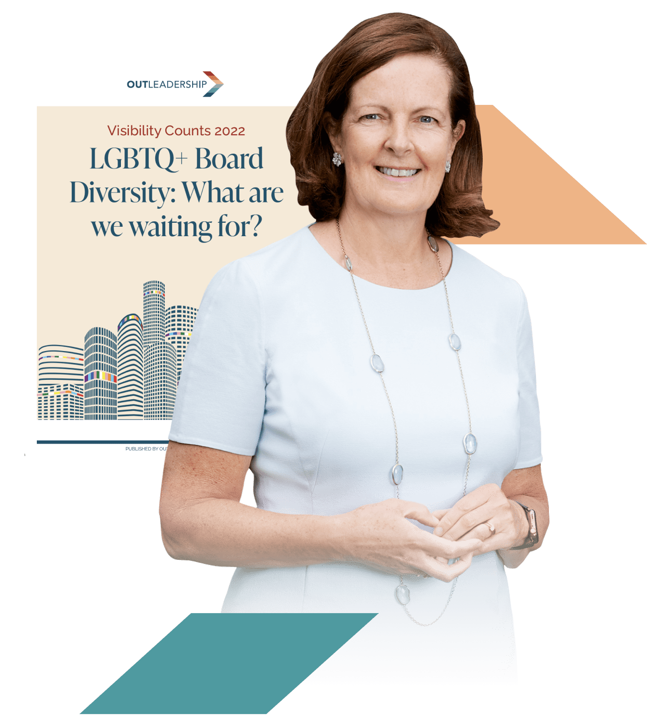 Jill Ader, Global Chairwoman of Egon Zehnder, alongside the cover of the Visibility Counts 2022 report, 'LGBTQ+ Board Diversity: What are we waiting for?'